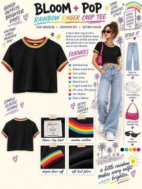 bloom Black Crop Tee with Rainbow Rib Trim